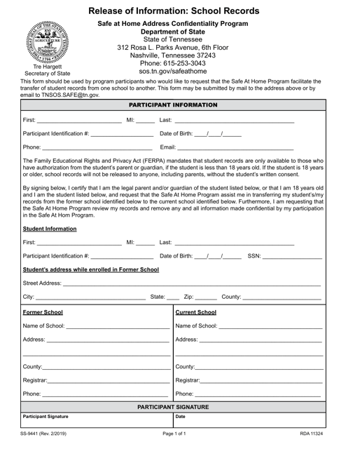 Form SS-9441 Release of Information: School Records - Safe at Home Address Confidentiality Program - Tennessee