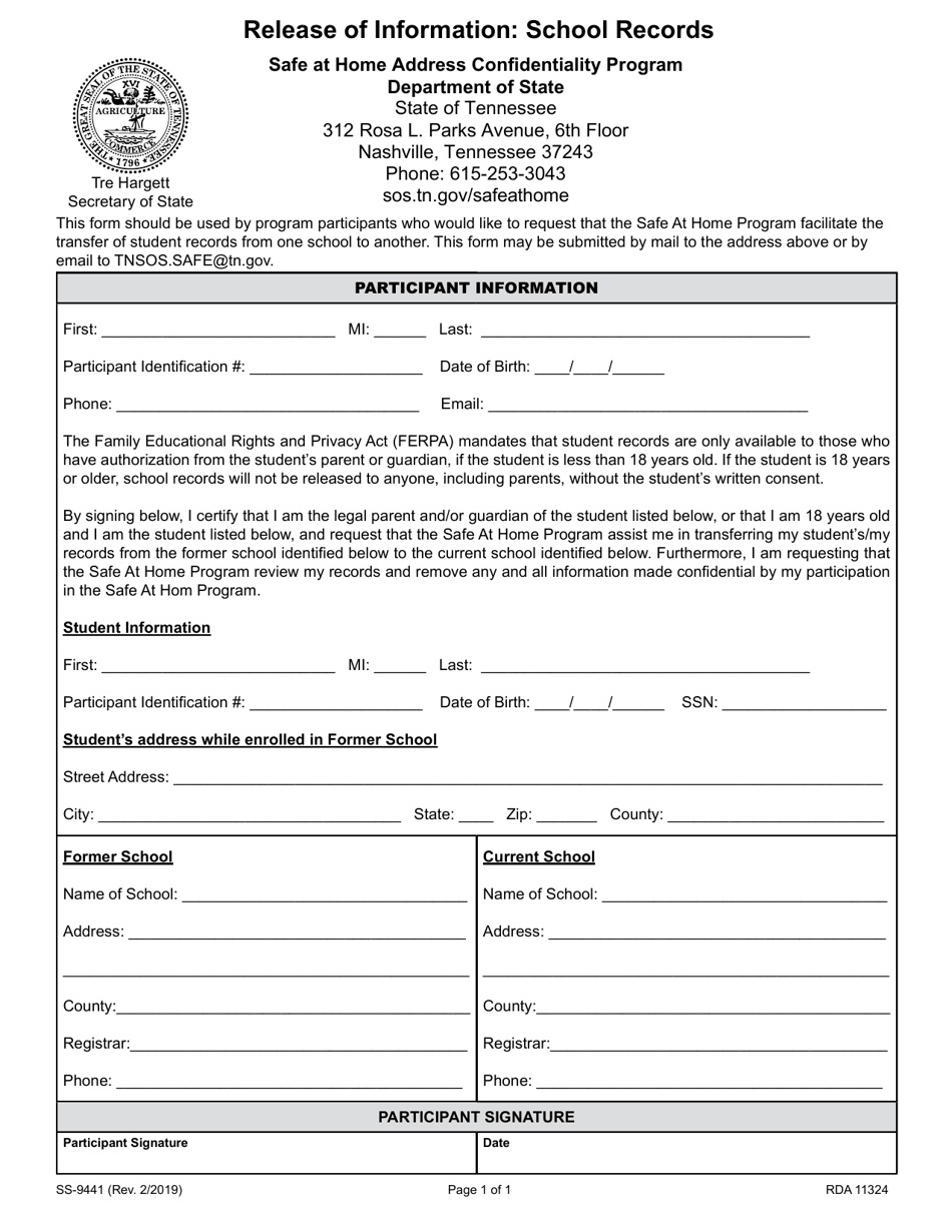 Form SS-9441 Release of Information: School Records - Safe at Home Address Confidentiality Program - Tennessee, Page 1