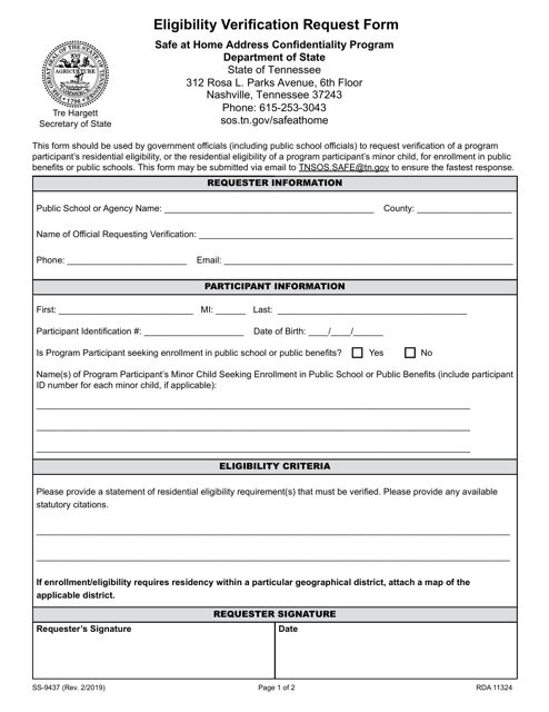 Form SS-9437 Eligibility Verification Request Form - Safe at Home Address Confidentiality Program - Tennessee