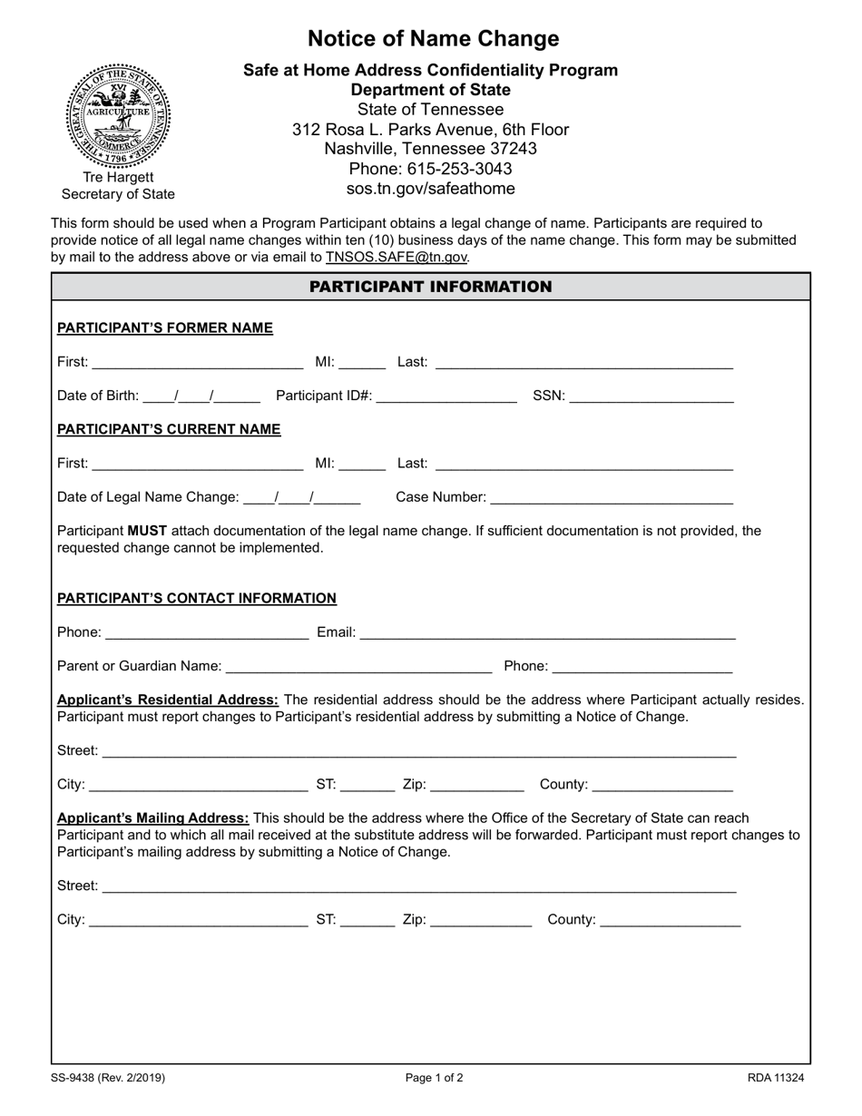 Form SS-9438 Notice of Name Change - Tennessee, Page 1