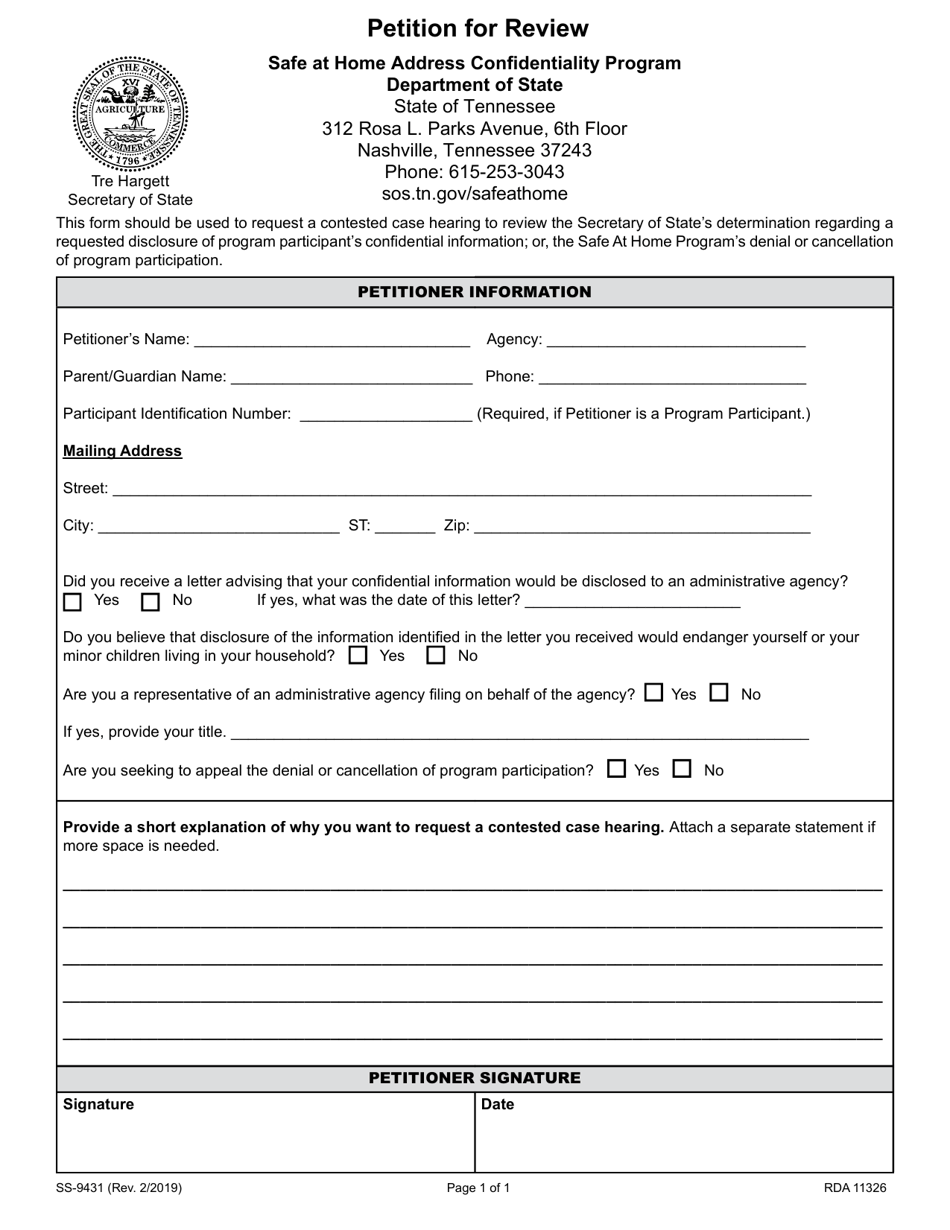 Form SS-9431 Petition for Review - Safe at Home Address Confidentiality Program - Tennessee, Page 1
