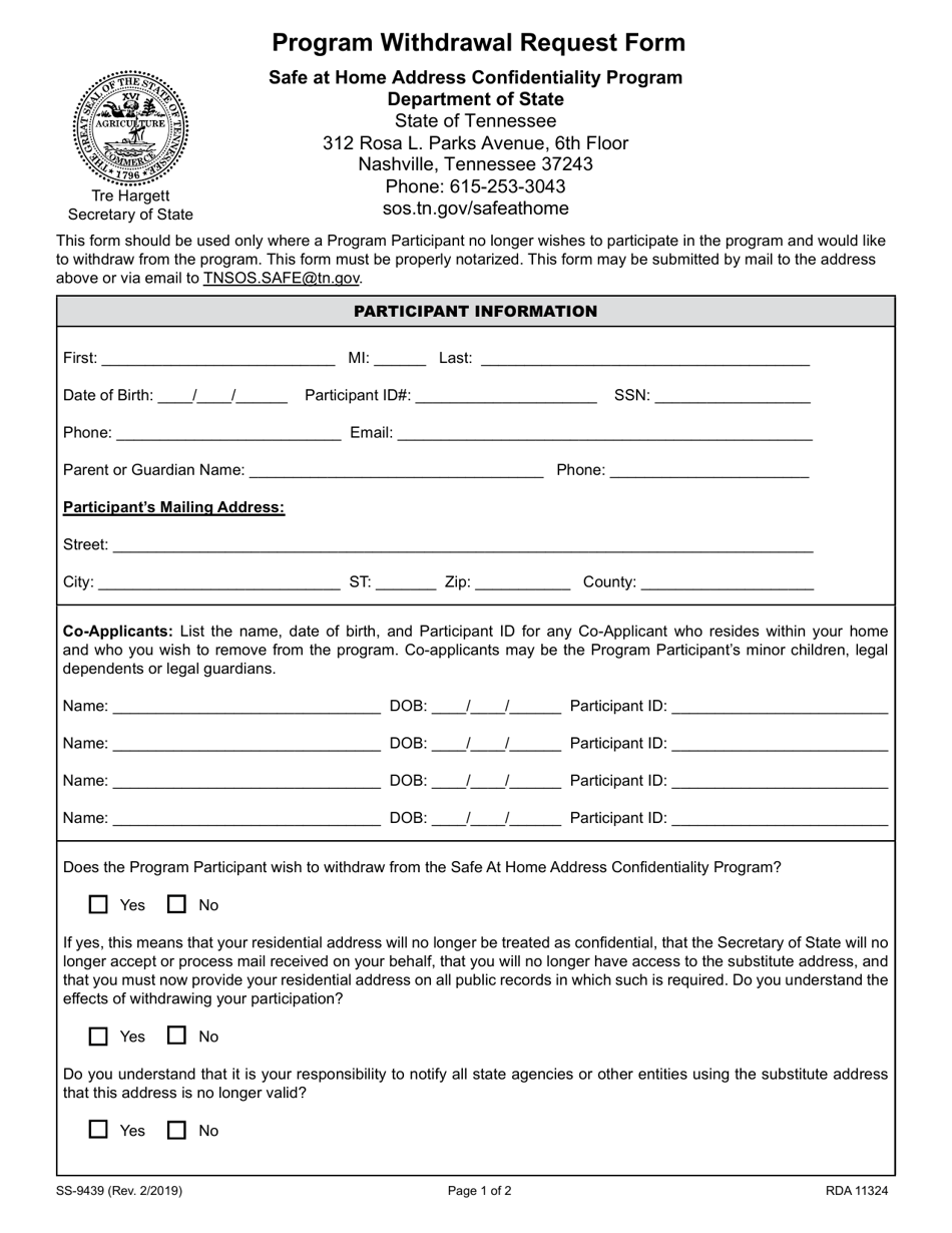 Form SS-9439 Program Withdrawal Request Form - Safe at Home Address Confidentiality Program - Tennessee, Page 1