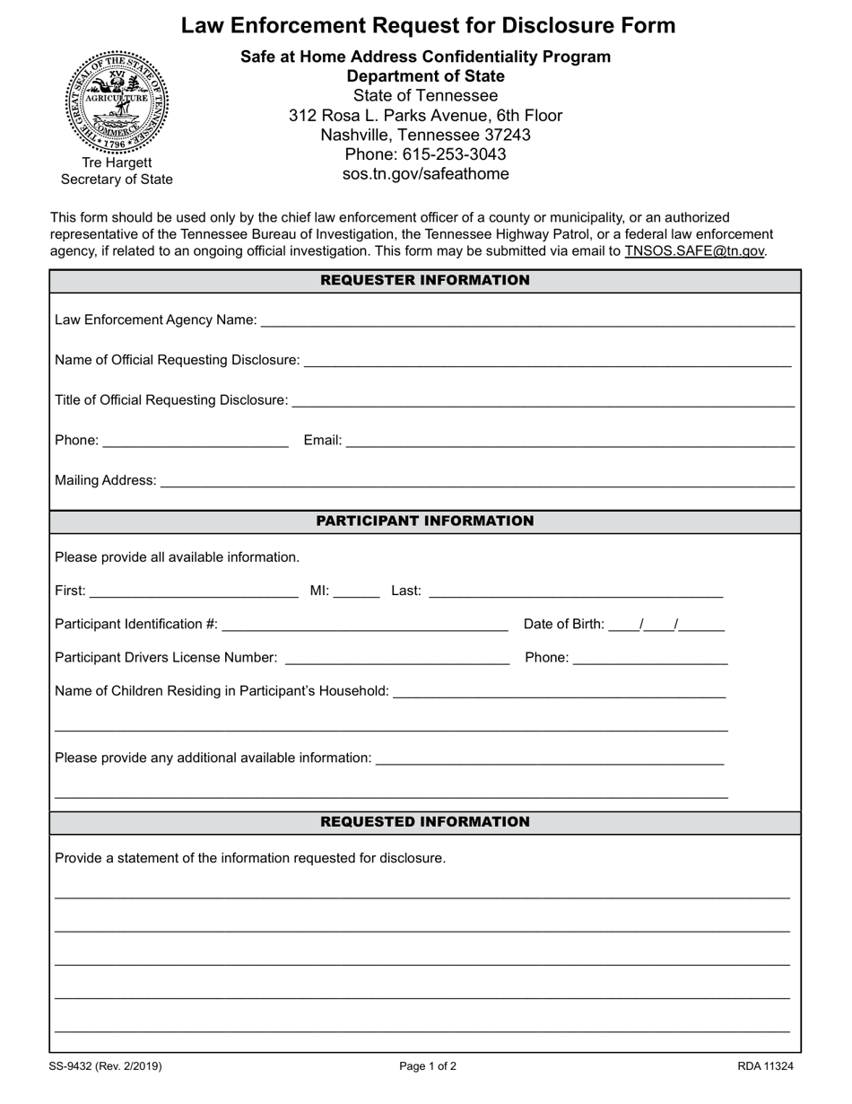 Form SS-9432 Law Enforcement Request for Disclosure Form - Safe at Home Address Confidentiality Program - Tennessee, Page 1
