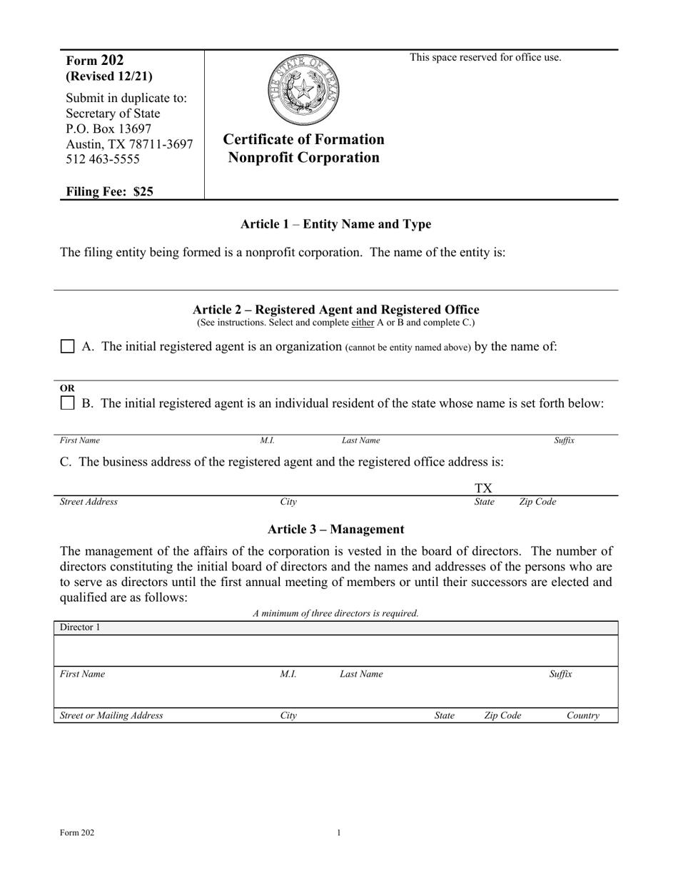 Form 202 Download Fillable PDF or Fill Online Certificate of Formation - Nonprofit Corporation 