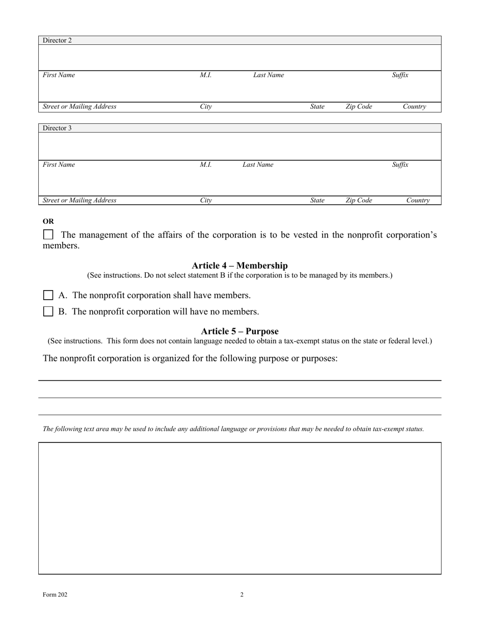 Form 202 Download Fillable PDF or Fill Online Certificate of Formation - Nonprofit Corporation 