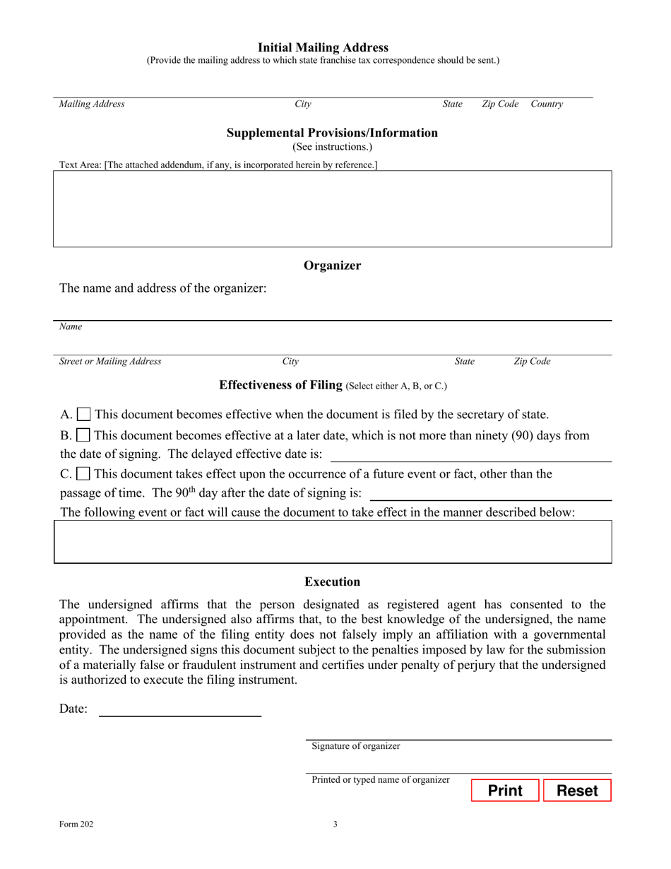 Form 202 Download Fillable PDF or Fill Online Certificate of Formation - Nonprofit Corporation 