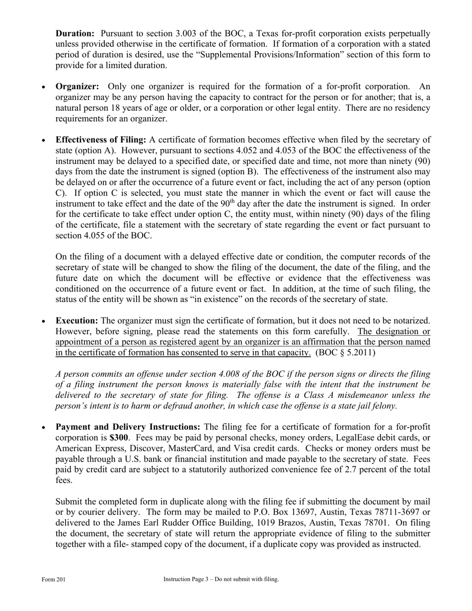 Form 201 Certificate of Formation for-Profit Corporation - Texas, Page 3