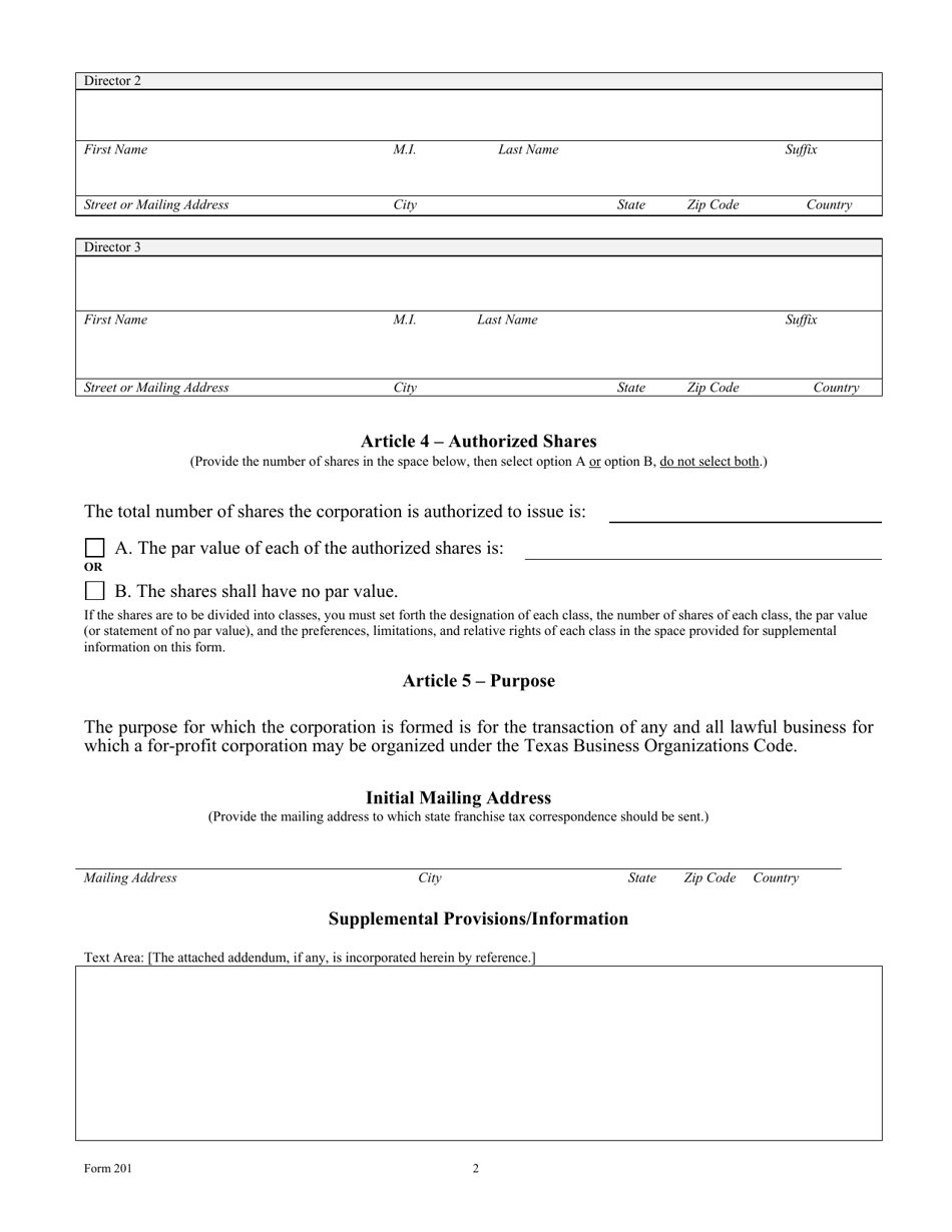 Form 201 Download Fillable PDF or Fill Online Certificate of Formation ...