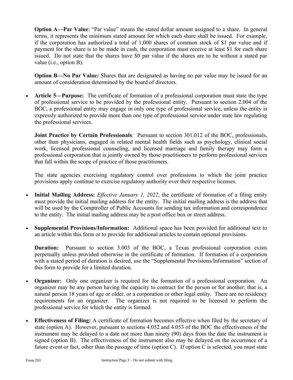 Form 203 Certificate of Formation - Professional Corporation - Texas, Page 3
