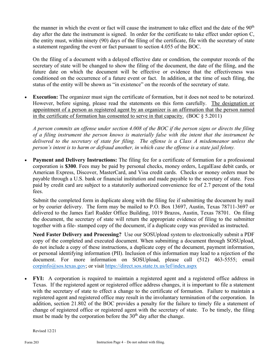 Form 203 Certificate of Formation - Professional Corporation - Texas, Page 4