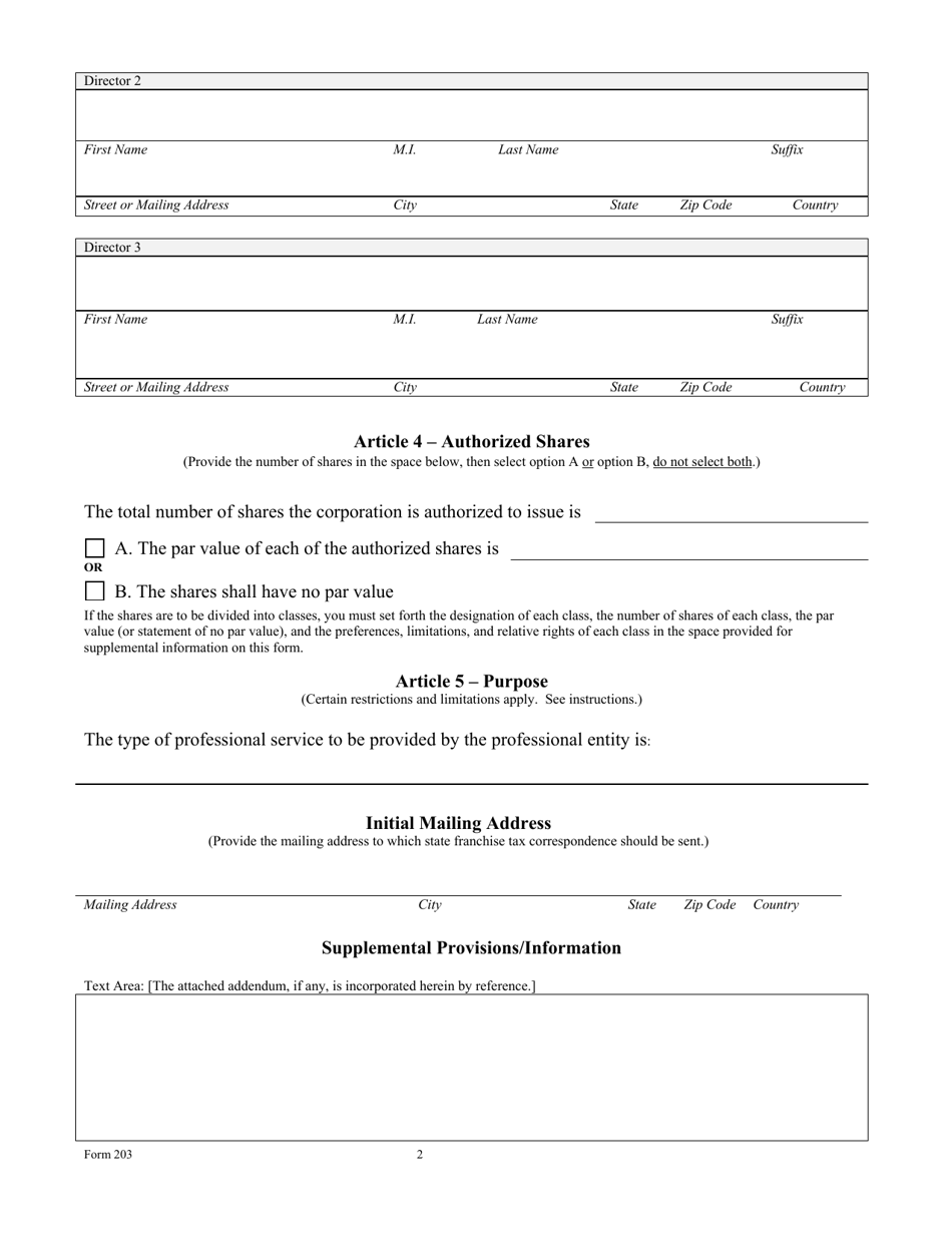 Form 203 Certificate of Formation - Professional Corporation - Texas, Page 6
