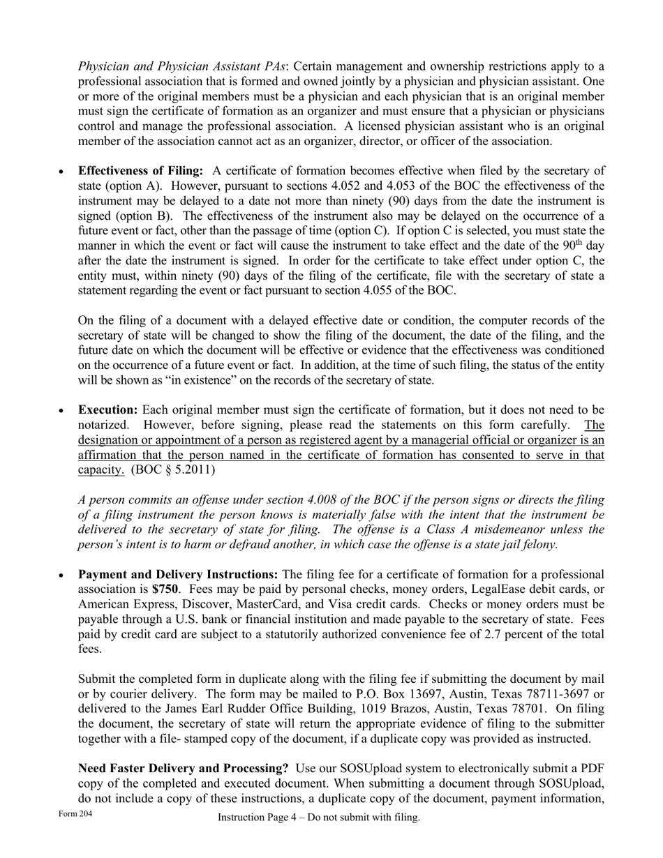 Form 204 Certificate of Formation - Professional Association - Texas, Page 4
