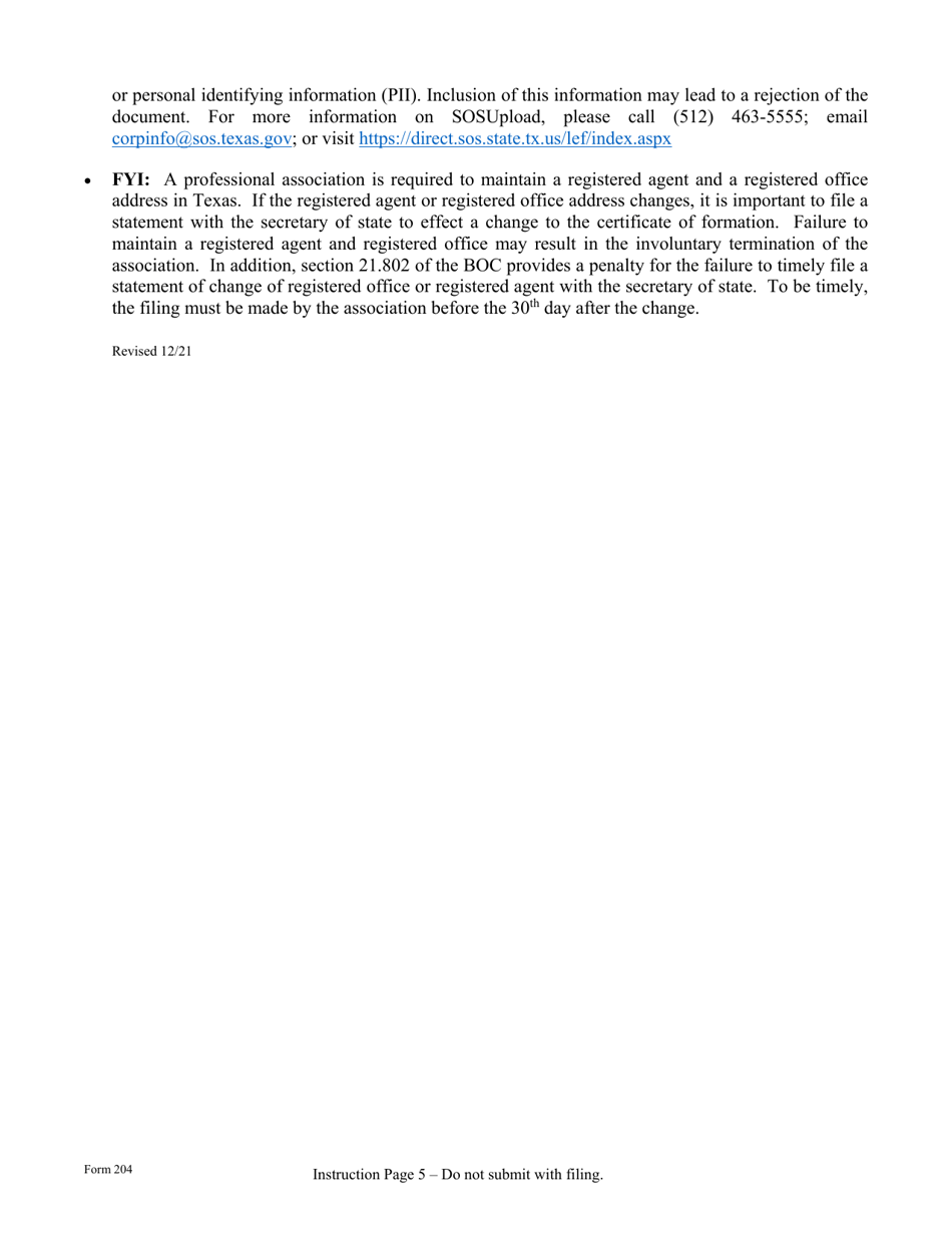 Form 204 Certificate of Formation - Professional Association - Texas, Page 5