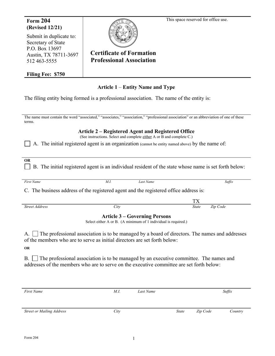 Form 204 Download Fillable PDF or Fill Online Certificate of Formation ...