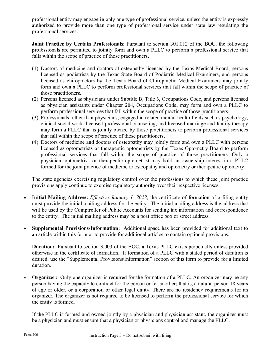 Form 206 Certificate of Formation - Professional Limited Liability Company - Texas, Page 3