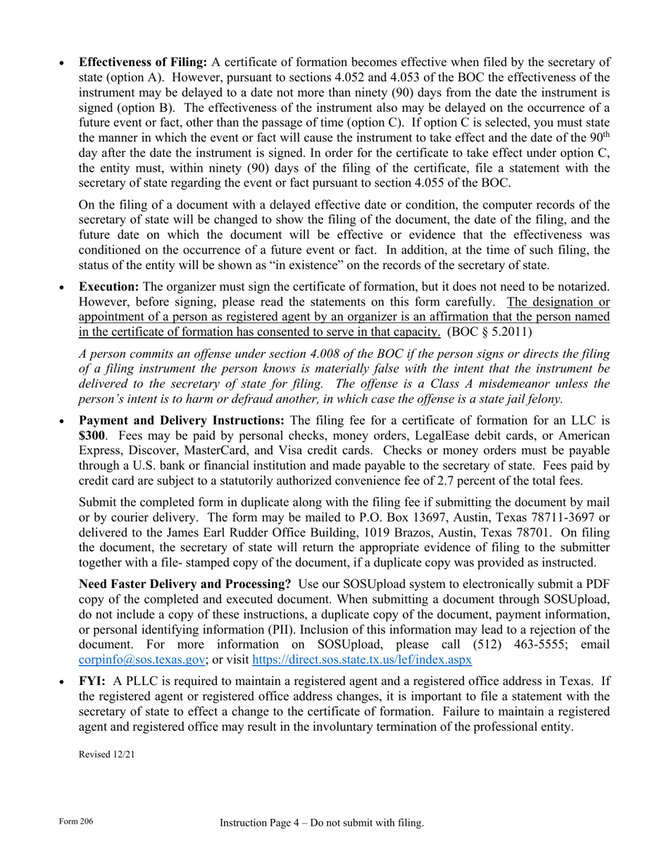 Form 206 Certificate of Formation - Professional Limited Liability Company - Texas, Page 4