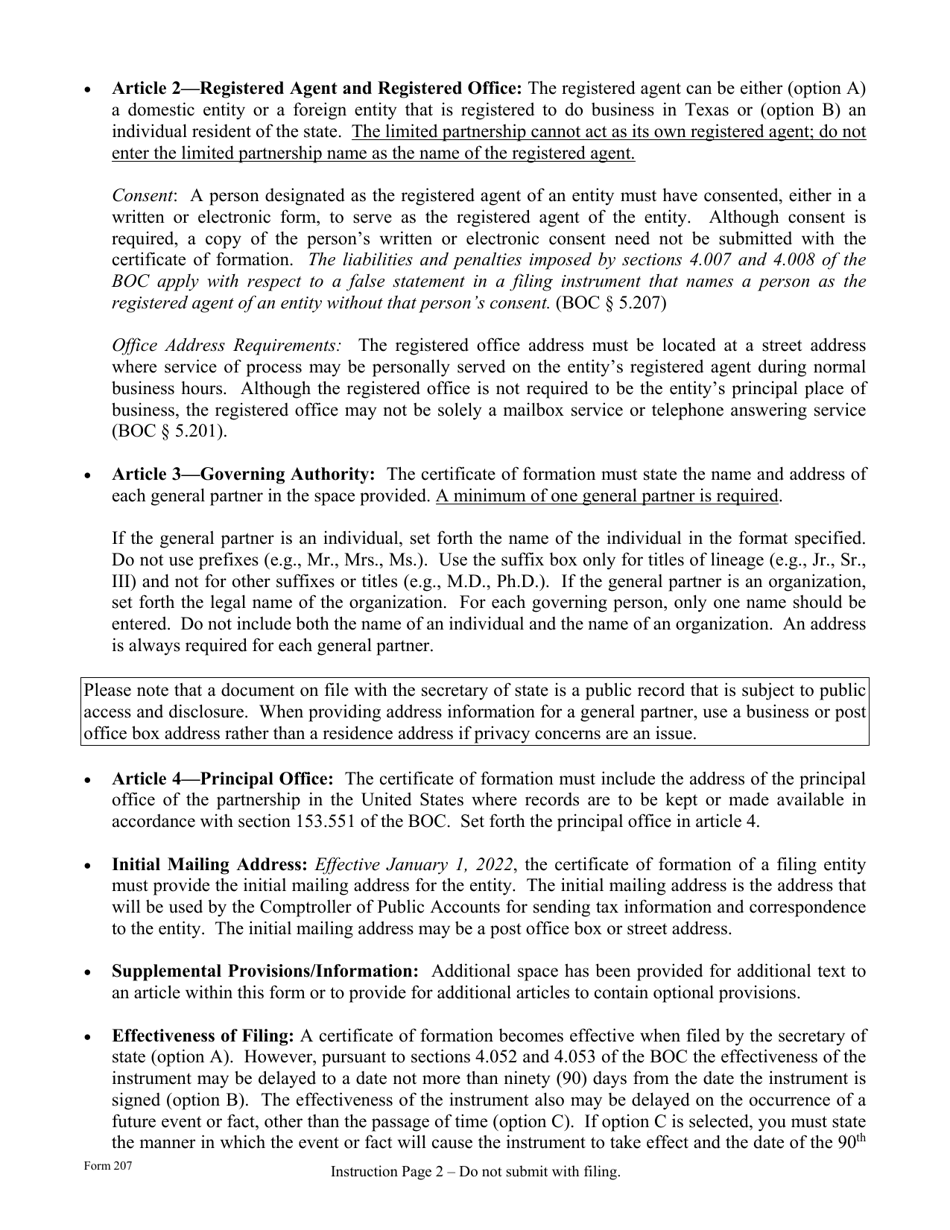 Form 207 Certificate of Formation - Limited Partnership - Texas, Page 2