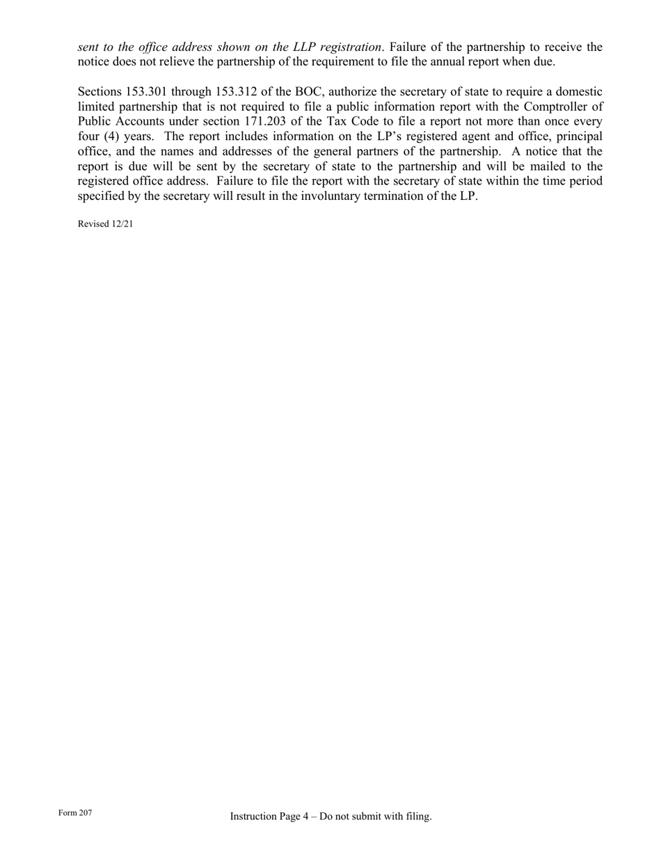 Form 207 Certificate of Formation - Limited Partnership - Texas, Page 4