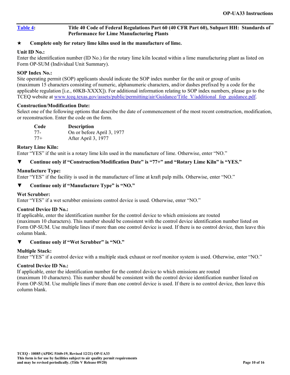 Form TCEQ-10085 (OP-UA33) Metallic Mineral Processing Plant Attributes - Texas, Page 10