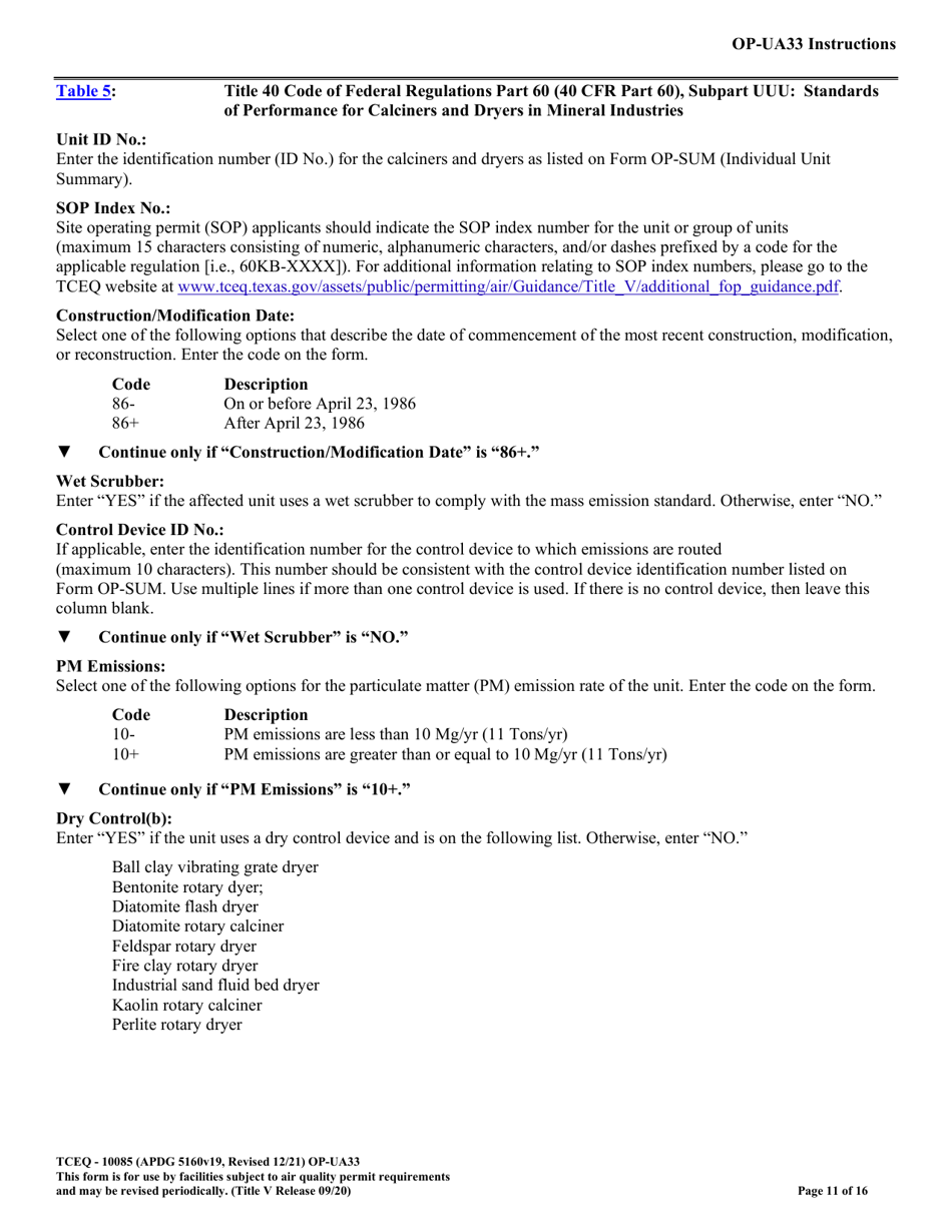 Form TCEQ-10085 (OP-UA33) Metallic Mineral Processing Plant Attributes - Texas, Page 11
