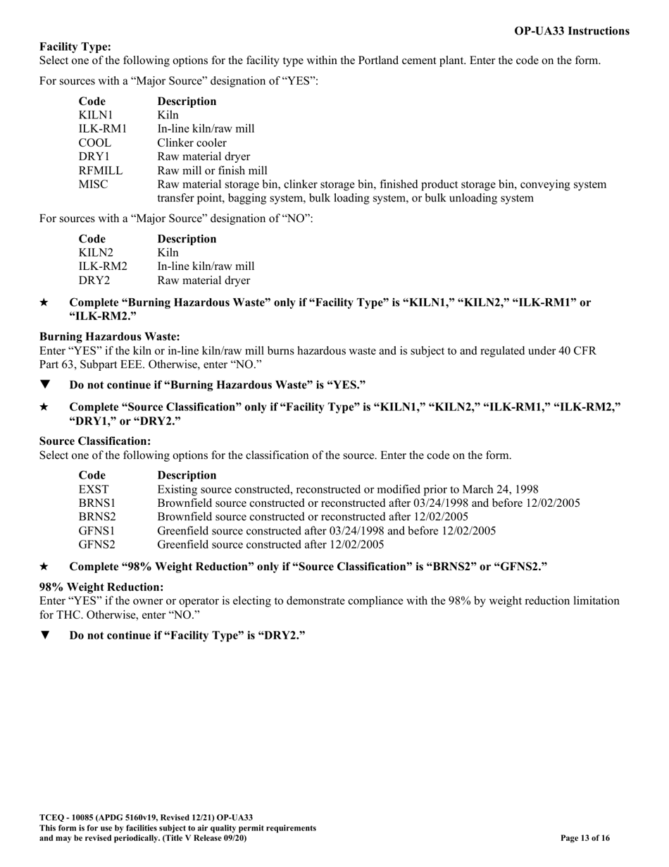 Form TCEQ-10085 (OP-UA33) Metallic Mineral Processing Plant Attributes - Texas, Page 13