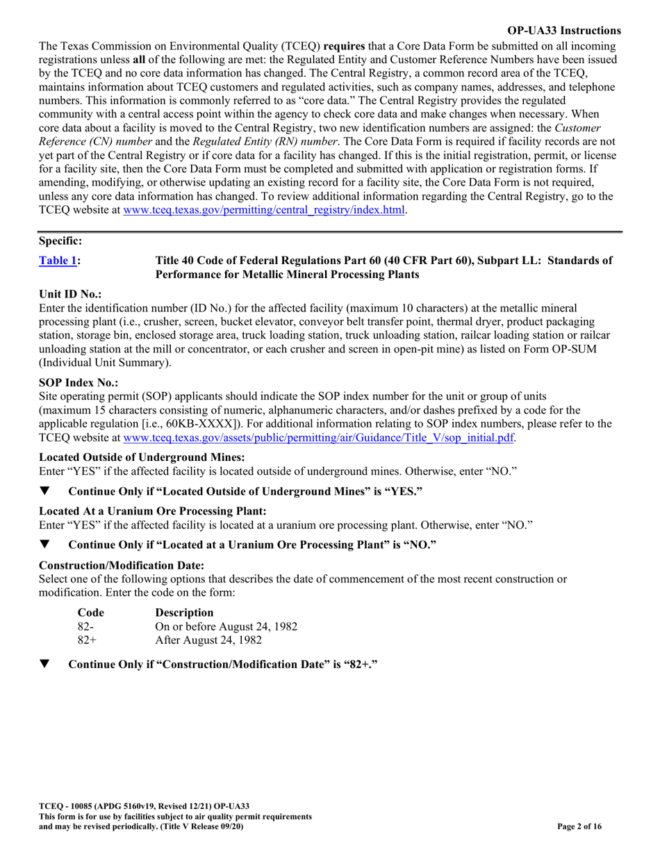 Form TCEQ-10085 (OP-UA33) Metallic Mineral Processing Plant Attributes - Texas, Page 2