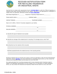 Document preview: Form TCEQ-0524 Receiver Notification Form for Recycling Hazardous or Industrial Waste - Texas