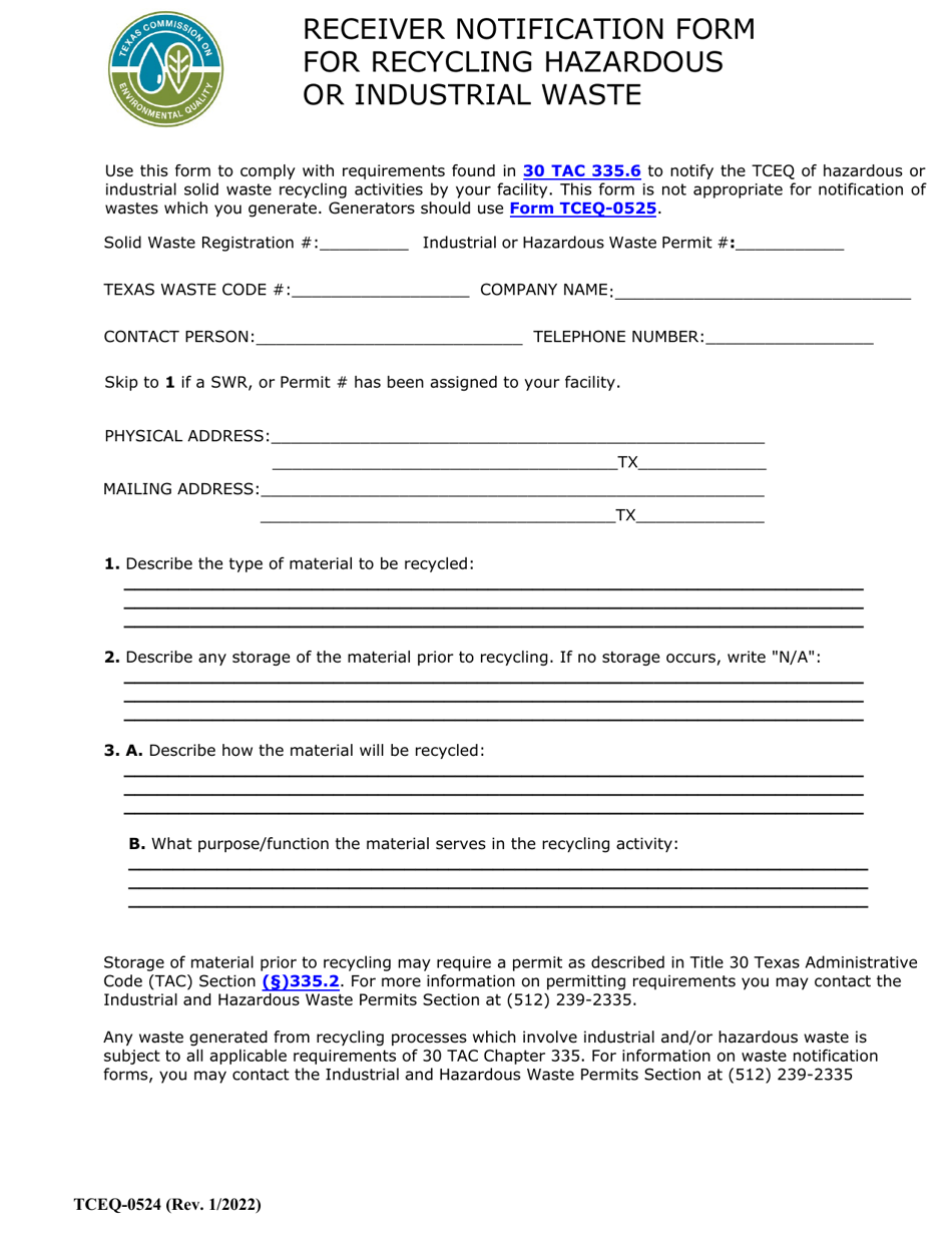 Form TCEQ-0524 Receiver Notification Form for Recycling Hazardous or Industrial Waste - Texas, Page 1
