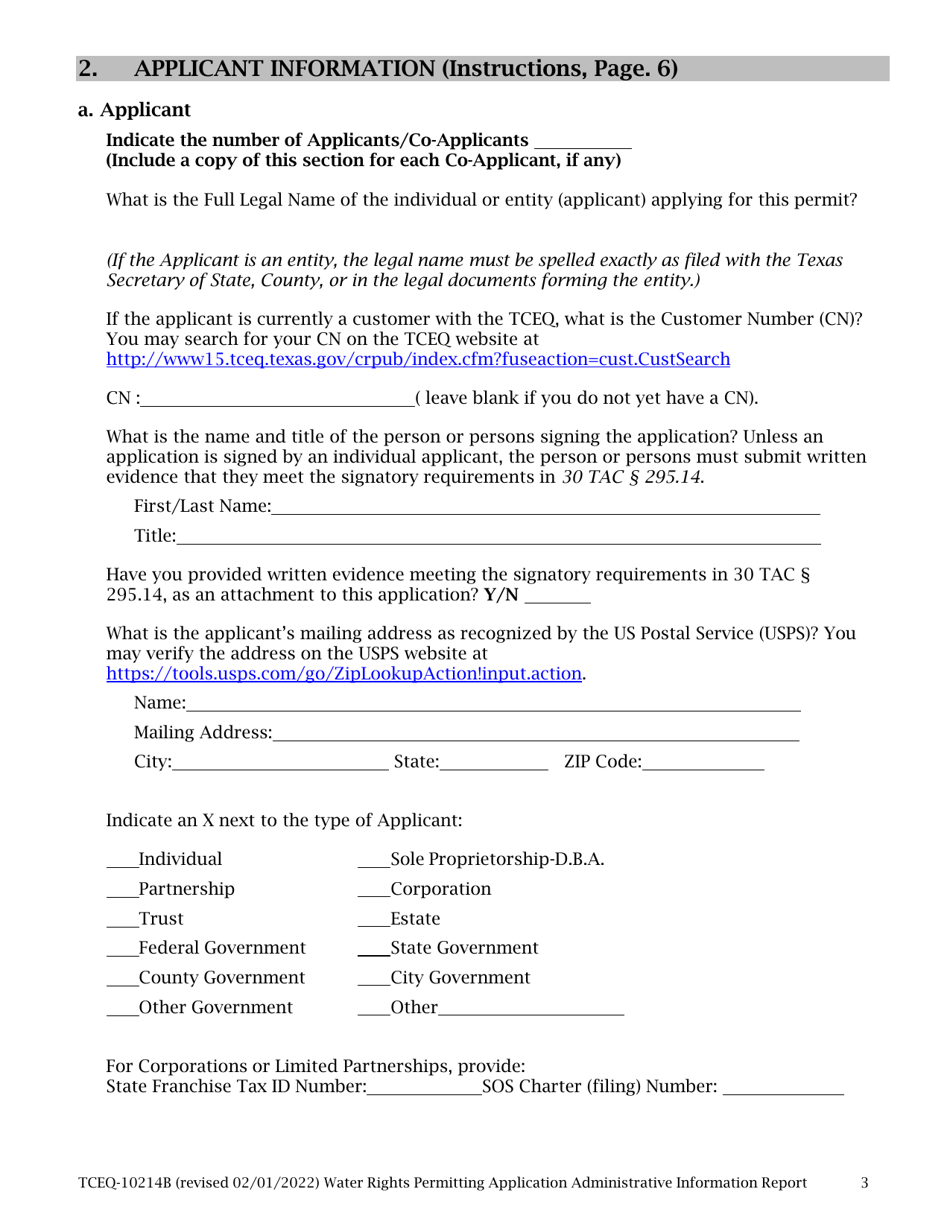 Form TCEQ-10214B Tceq Water Rights Permitting Application - Administrative Information Report - Texas, Page 3