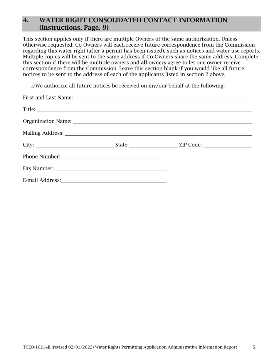 Form TCEQ-10214B Tceq Water Rights Permitting Application - Administrative Information Report - Texas, Page 5