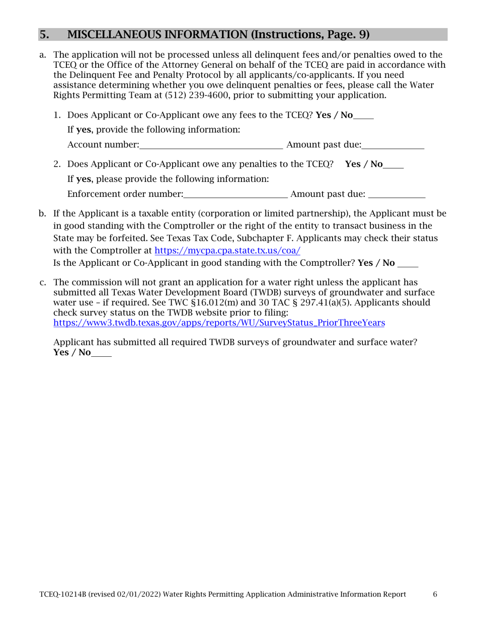 Form TCEQ-10214B Tceq Water Rights Permitting Application - Administrative Information Report - Texas, Page 6