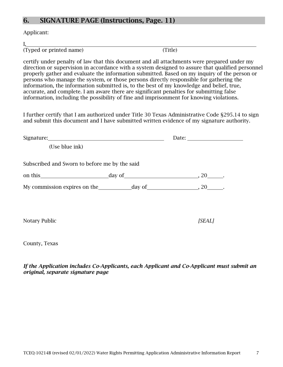 Form TCEQ-10214B Tceq Water Rights Permitting Application - Administrative Information Report - Texas, Page 7