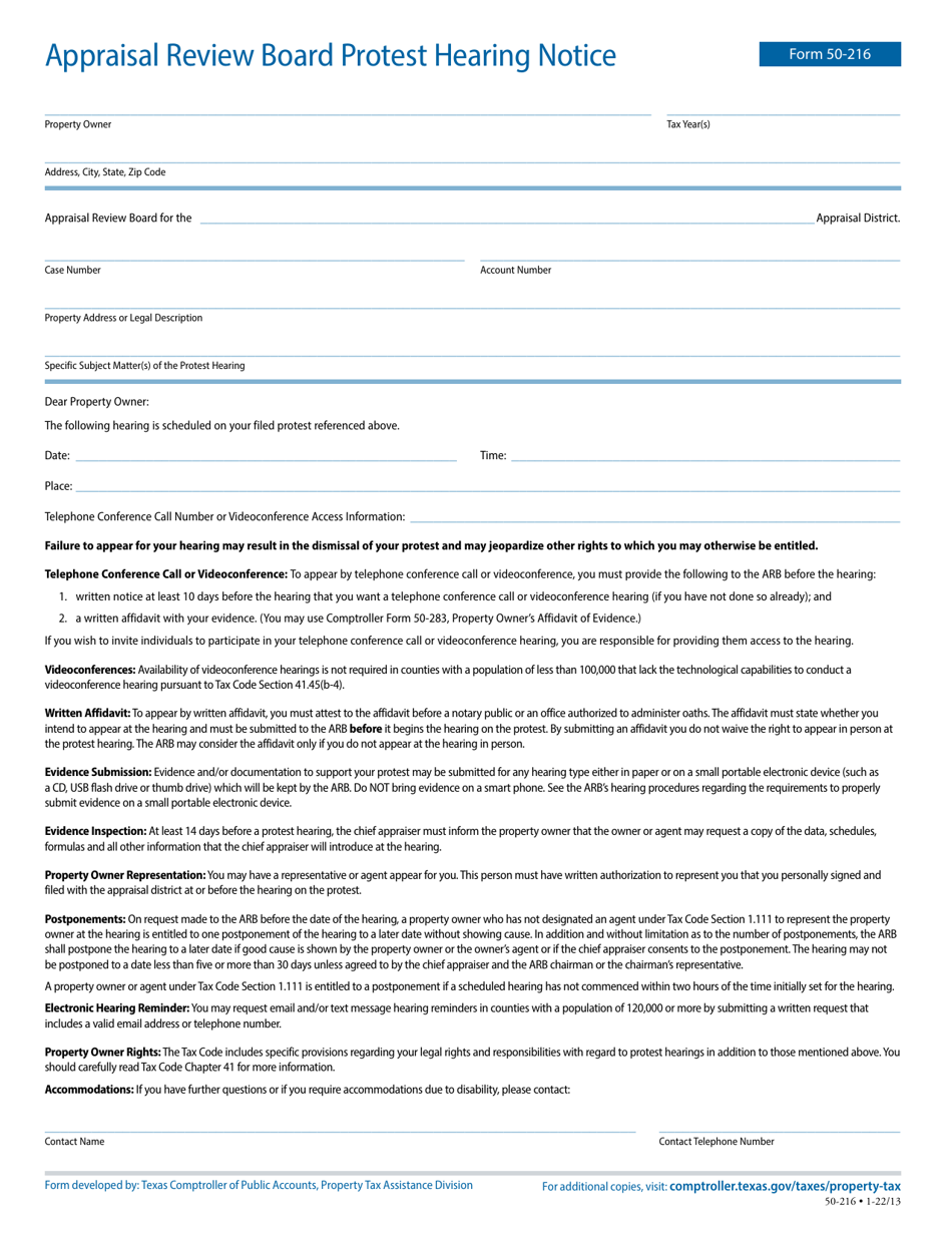 Form 50-216 Download Fillable PDF Or Fill Online Appraisal Review Board ...