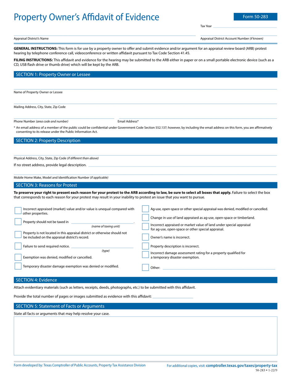 Form 50-283 Download Fillable PDF or Fill Online Property Owner's ...