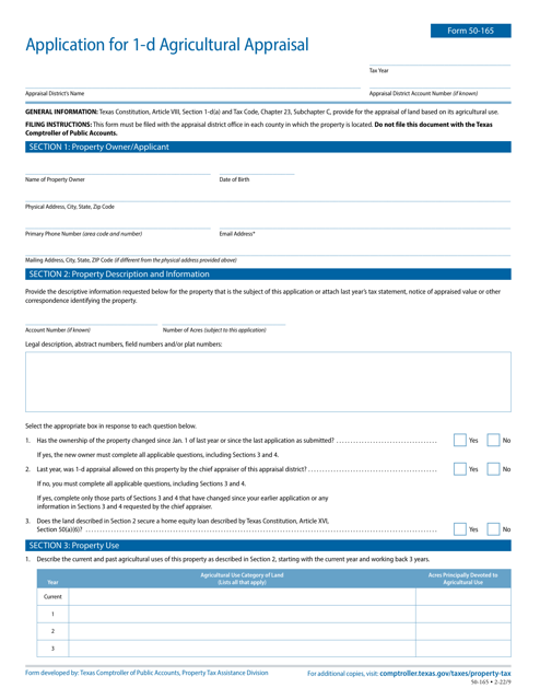 Form 50-165 Application for 1-d Agricultural Appraisal - Texas