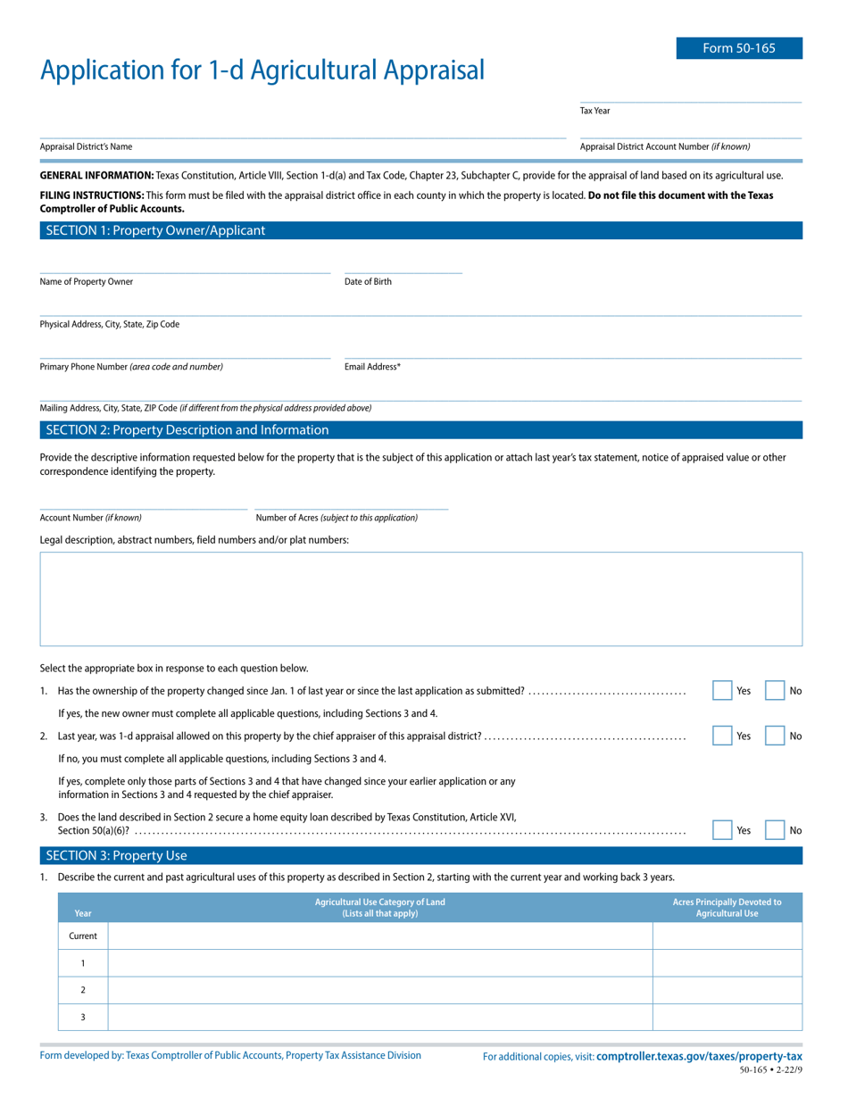 Form 50-165 Application for 1-d Agricultural Appraisal - Texas, Page 1