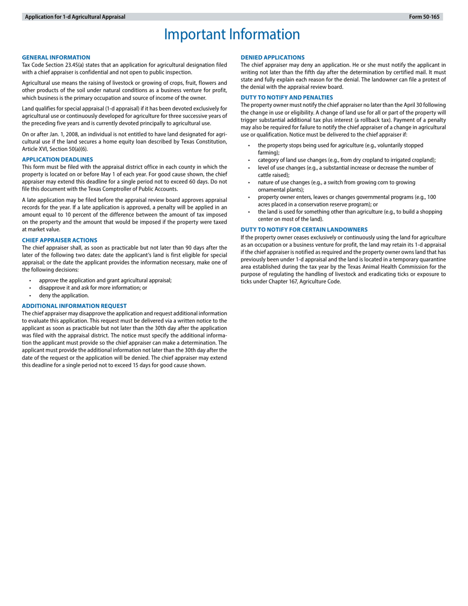 Form 50-165 Application for 1-d Agricultural Appraisal - Texas, Page 3