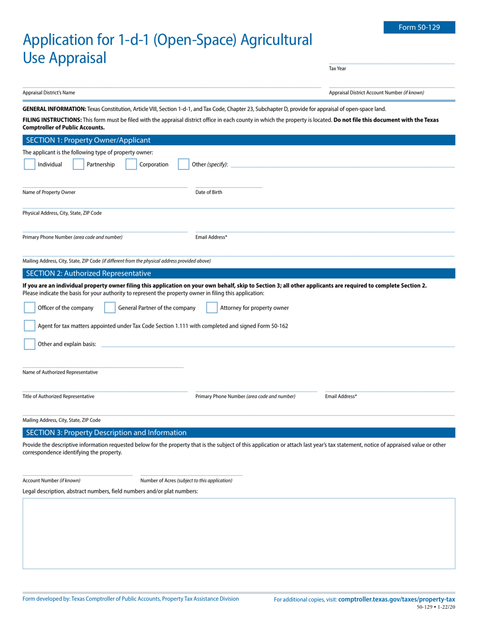 Form 50-129 Application for 1-d-1 (Open-Space) Agricultural Use Appraisal - Texas, Page 1
