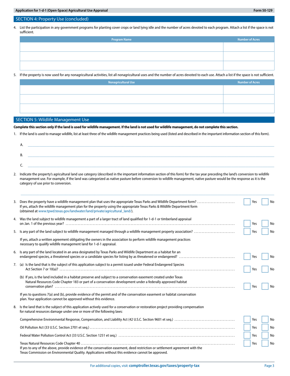 Form 50-129 Application for 1-d-1 (Open-Space) Agricultural Use Appraisal - Texas, Page 3