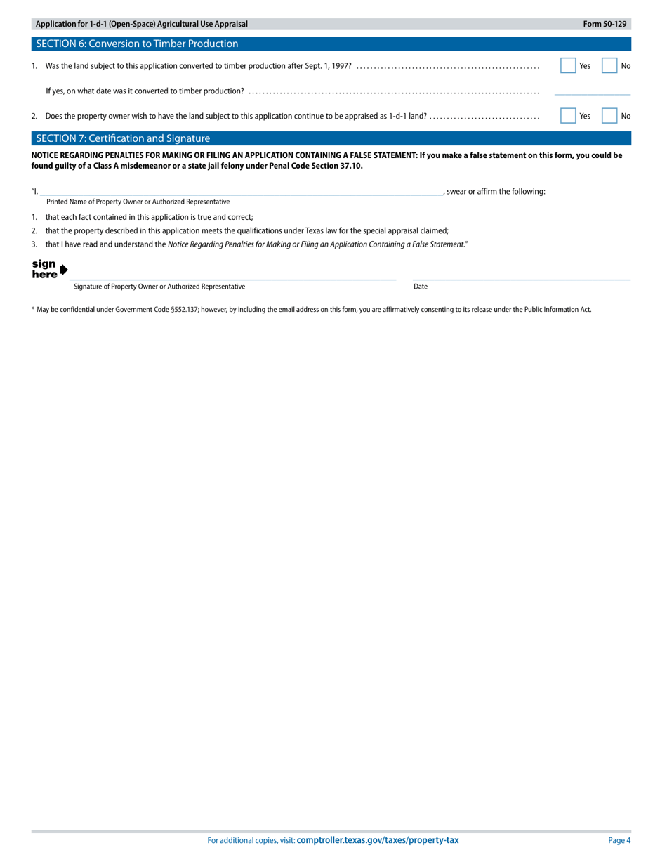Form 50-129 Application for 1-d-1 (Open-Space) Agricultural Use Appraisal - Texas, Page 4