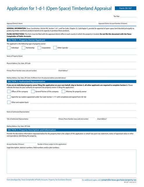 Form 50-167 Application for 1-d-1 (Open-Space) Timberland Appraisal - Texas