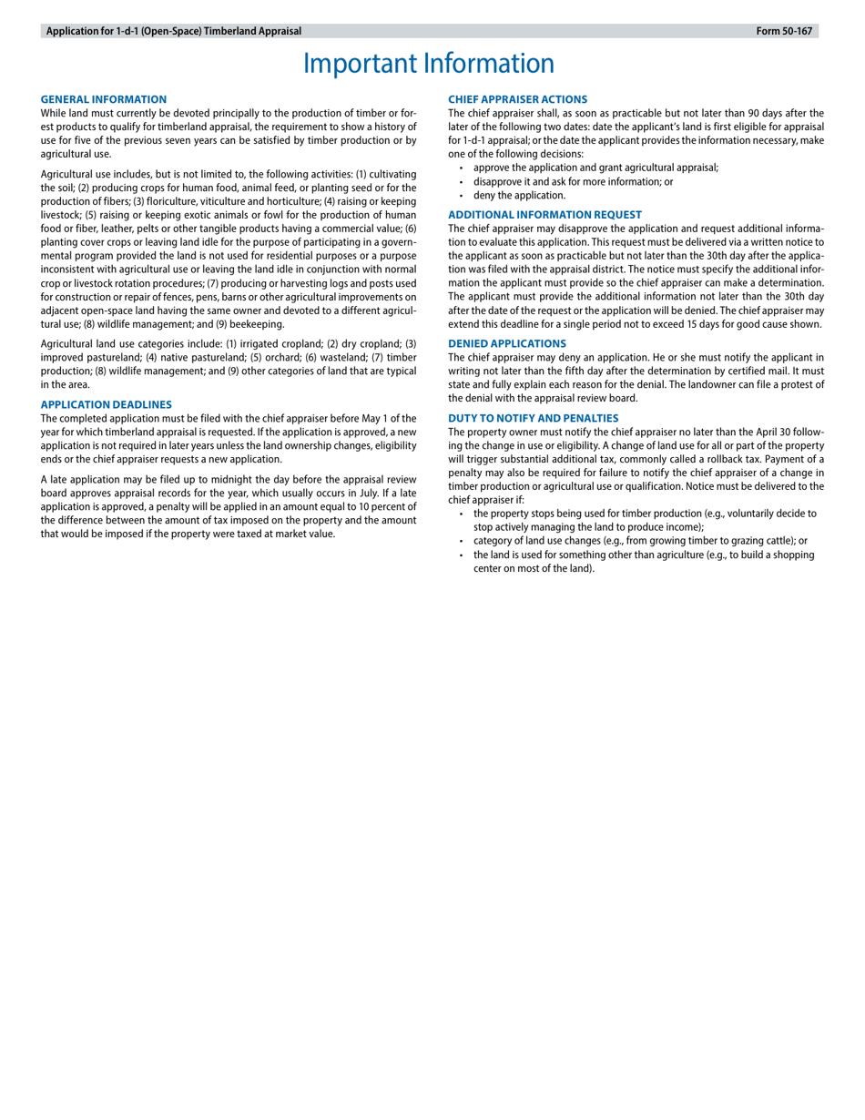 Form 50-167 Application for 1-d-1 (Open-Space) Timberland Appraisal - Texas, Page 3