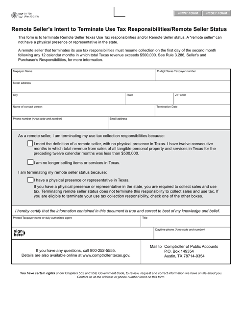Form 01-798 Remote Seller's Intent to Terminate Use Tax Responsibilities/Remote Seller Status - Texas