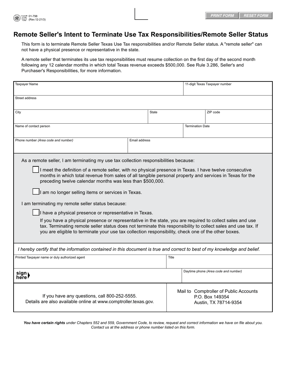 Form 01798 Download Fillable PDF or Fill Online Remote Seller's Intent