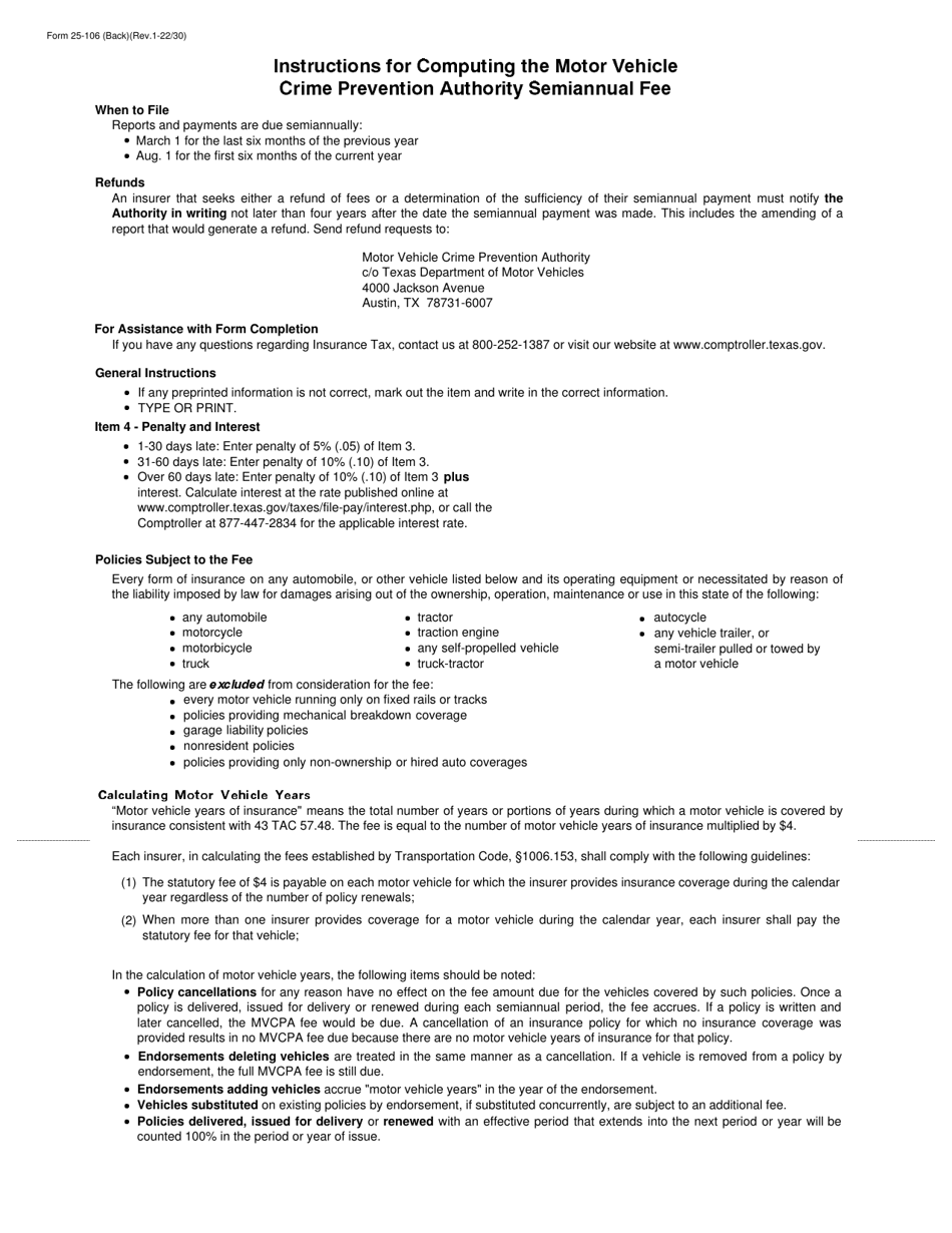Form 25-106 Insurance Motor Vehicle Crime Prevention Authority Semiannual Fee Report - January Through June - Texas, Page 2