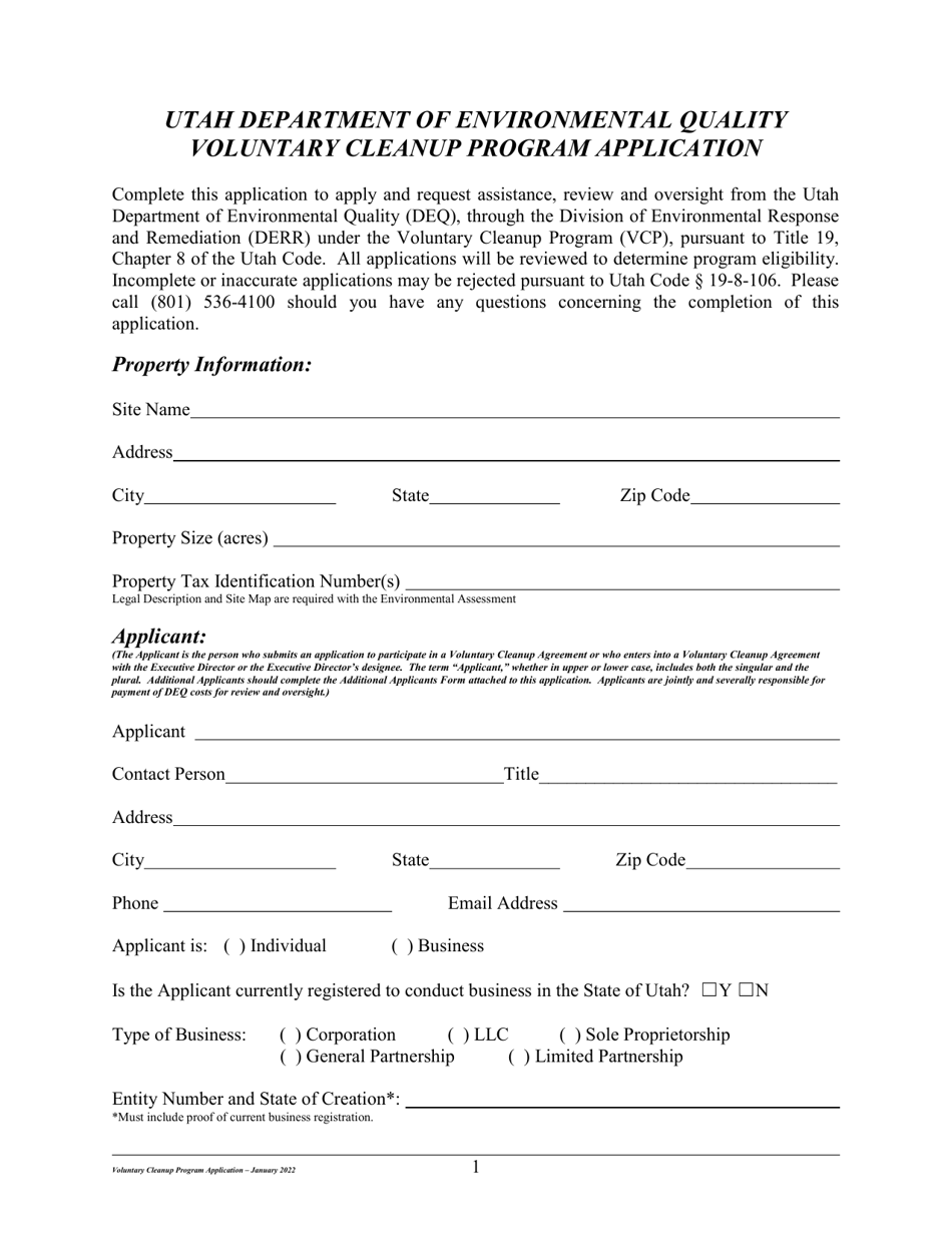Application Form - Voluntary Cleanup Program - Utah, Page 1