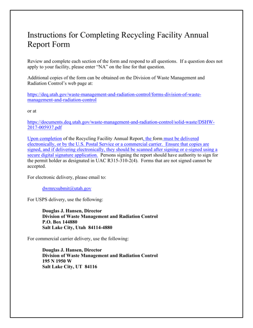 Recycling Facility Annual Report - Utah Download Pdf
