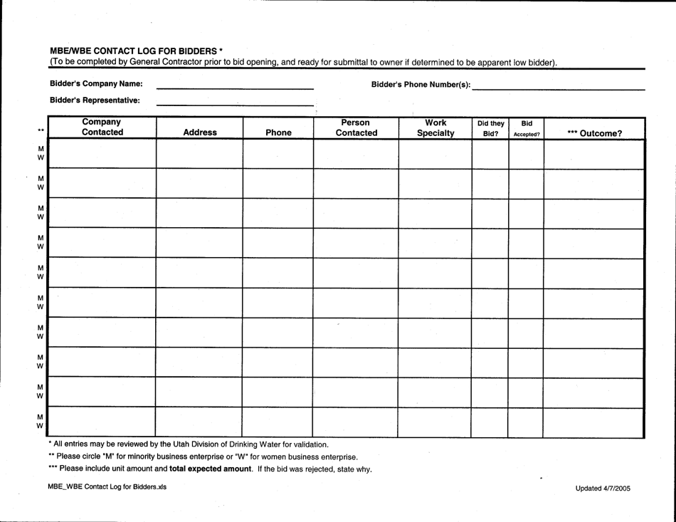 Mbe / Wbe Contact Log for Bidders - Utah, Page 1