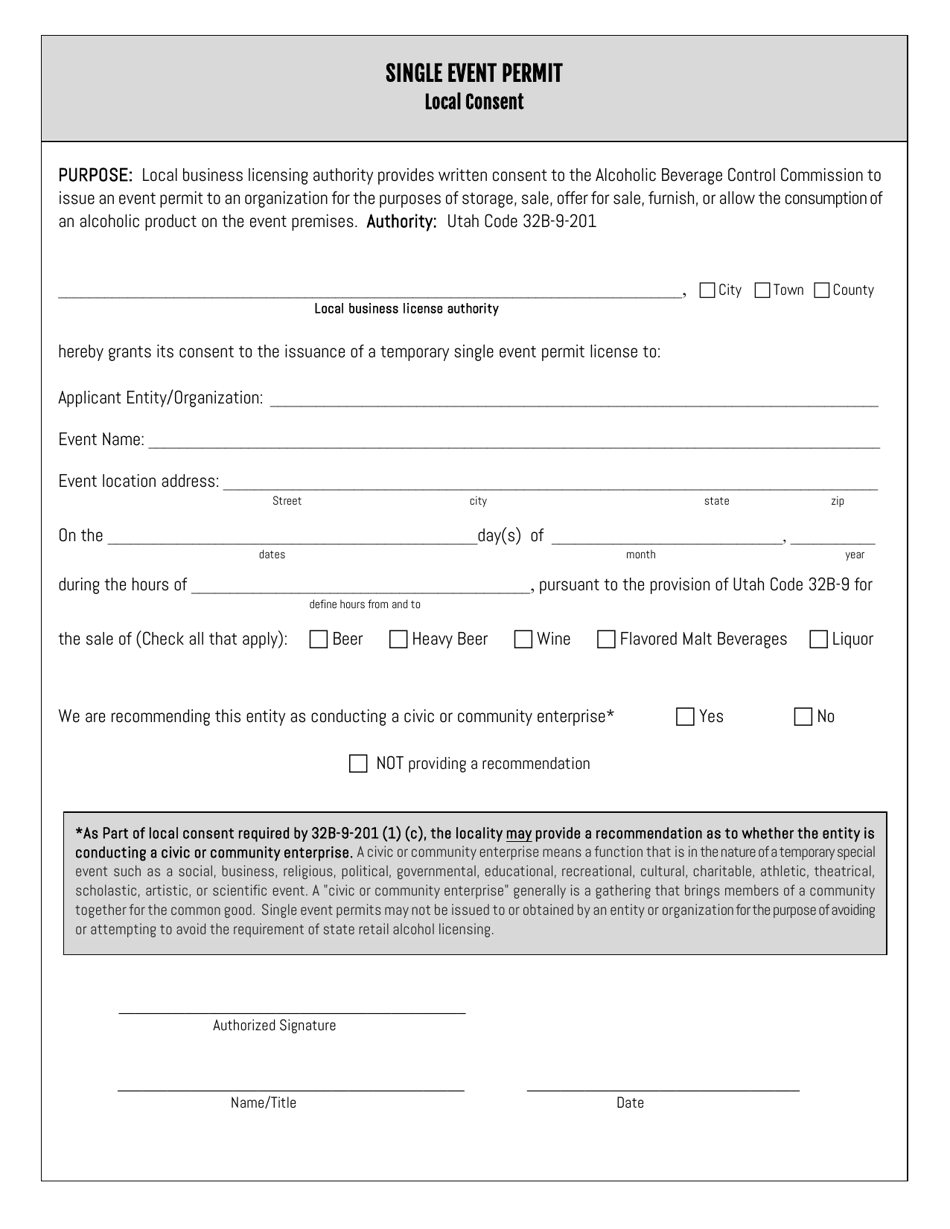 Single Event Permit Local Consent - Utah, Page 1