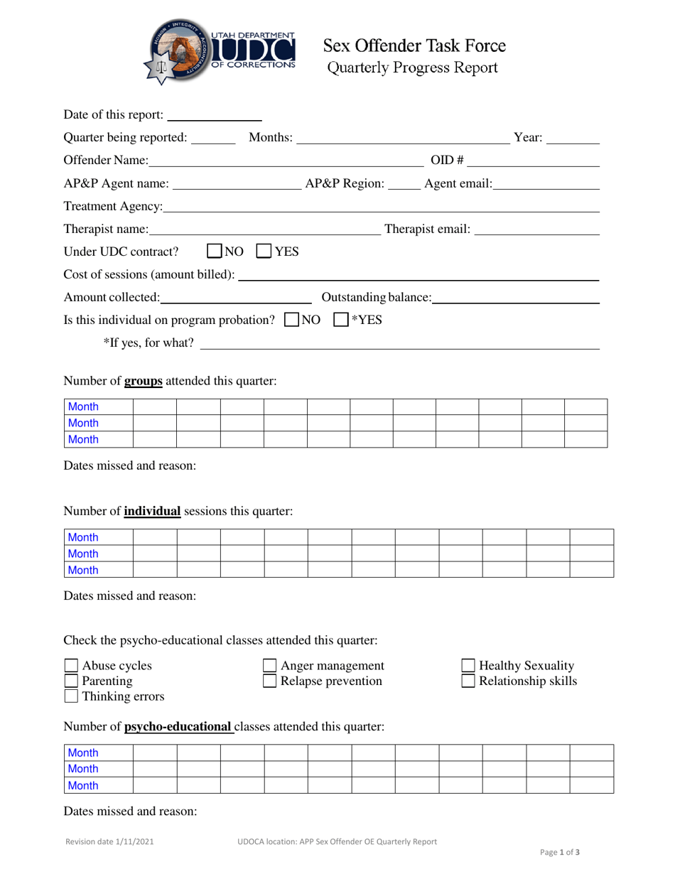 Utah Quarterly Progress Report Sex Offender Task Force Fill Out Sign Online And Download 4366